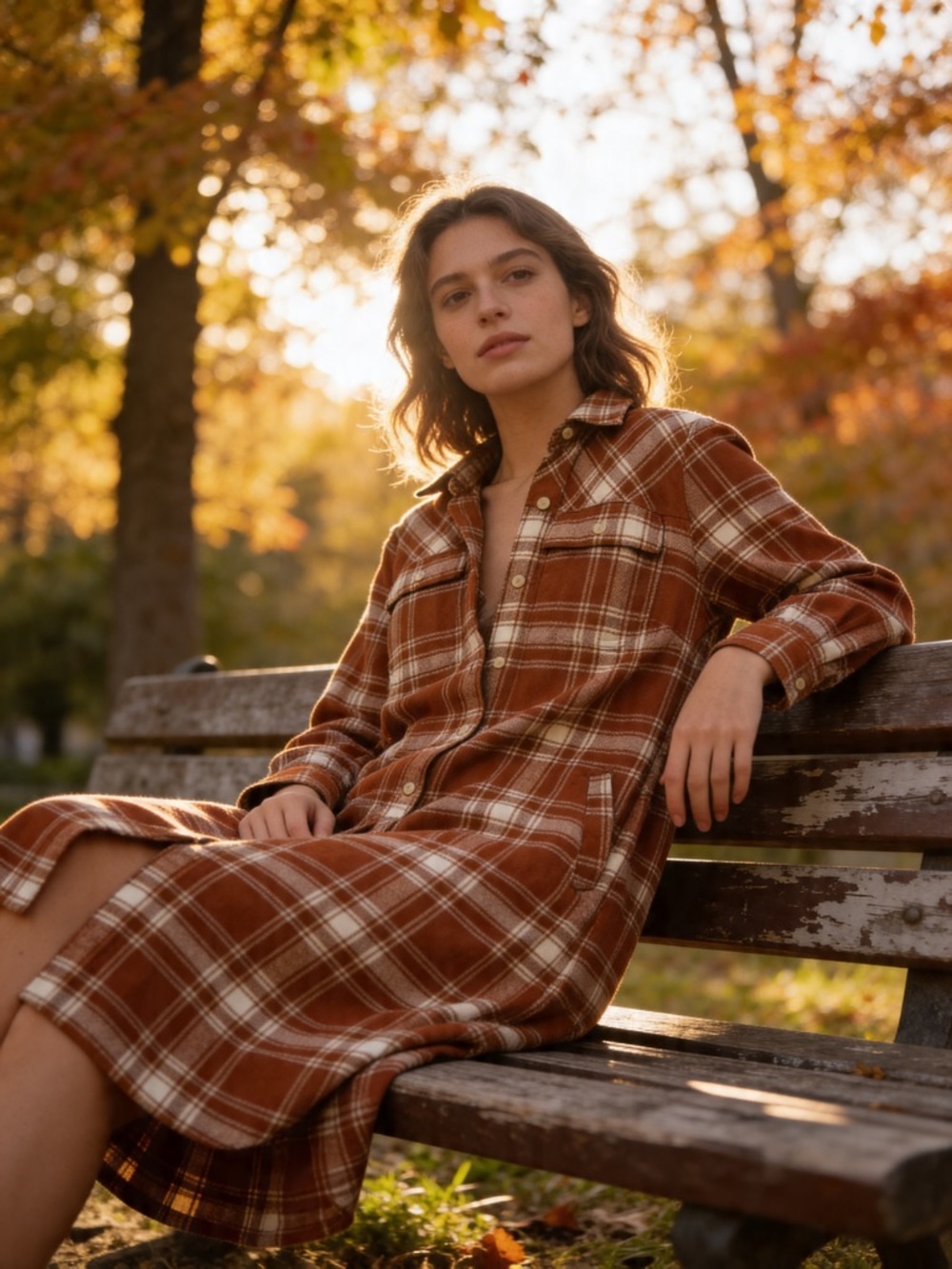 Duluth Trading Co Brown and Cream Plaid Midi Shirt Dress